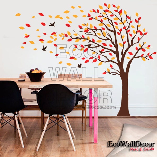 PEEL and STICK Removable Vinyl Wall Sticker Mural Decal Art - Giant Autumn Tree in the Wind with Flying Birds