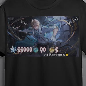 May include: Black t-shirt featuring a graphic design with a character illustration and text. The design includes the numbers 55000, 90, and 5, along with the text "lvl 40+" and "0-3 Random 5". The shirt also has the text "NA/EU" and "WITHERING WAVES".