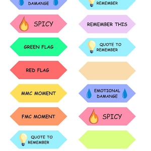 May include: A collection of colorful arrow-shaped graphics with text. Phrases include "Remember This," "Emotional Damage," "Spicy," "Green Flag," "Red Flag," "MMC Moment," "FMC Moment," and "Quote to Remember."