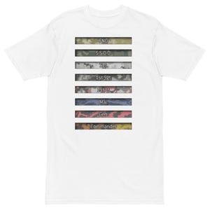 May include: White t-shirt featuring a series of camouflage-patterned bars with military rank abbreviations: FNG, S.S.D.D., Sgt, 1st Sgt, 1st Lt, Maj, Gen, and Commander. The shirt is a casual wear item.
