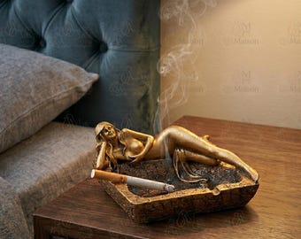 Cinzeiro feminino reclinado, porta-charutos feminino, coletor de cinzas escultura feminina, cinzeiro pin-up, bandeja para cigarros com estátua feminina sensual
