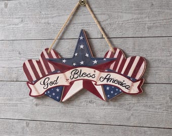 Placa com a bandeira americana, enfeite de parede "Deus abençoe a América", decoração para o 250º aniversário dos EUA, decoração para o 4 de julho, placa de madeira para parede dos EUA, decoração patriótica para casa.