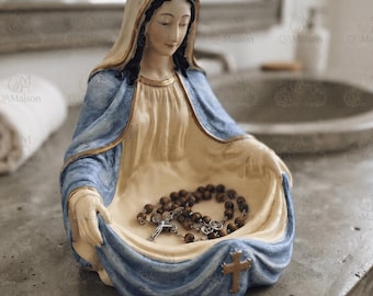 Porta-terço com estátua da Virgem Maria, porta-terço católico, porta-objetos da Mãe de Jesus, bandeja organizadora Rainha do Céu