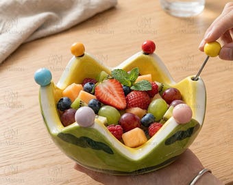 Tigela para servir melancia, travessa para salada de frutas, fruteira com garfo, prato de frutas em formato de coroa, tigela para lanches infantis