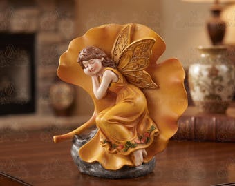 Estátua de Fada das Flores Adormecida, Estatueta de Fada Floral, Ornamento de Fada Ginkgo Biloba, Decoração de Mesa de Fada Amarela, Estátua de Elfo Alado