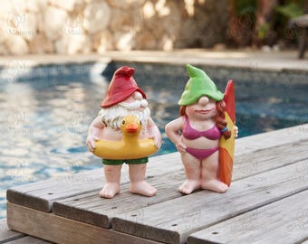 Estátua de Gnomo de Biquíni, Estatueta de Casal de Gnomos na Praia, Escultura de Gnomo de Biquíni à Beira da Piscina, Estátuas de Gnomos Nadadores, Enfeite de Mesa de Praia