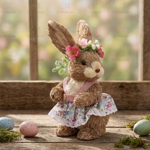 Easter Bunny Figurine, Dressed Rabbit Statue, Sisal Hare Sculpture, Pastoral Rabbit Figure, Easter Table Decor, Flower Wreath Bunny Statue
