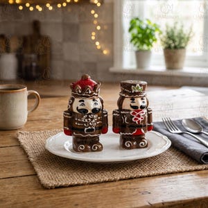 May include: Two ceramic nutcracker salt and pepper shakers. The shakers are brown, red, and white, and are shaped like toy soldiers. They are on a white plate, with a coffee mug and silverware in the background.