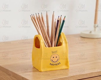 Porta-lápis em formato de sacola, porta-lápis em formato de bolsa com carinha sorridente, porta-pincéis de maquiagem, organizador de artigos de papelaria "Shift Happens", organizador de penteadeira com carinha sorridente