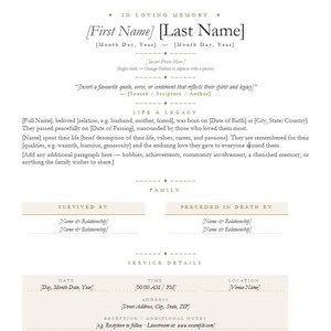May include: A beige memorial template with text fields for a loved one's details. The design includes sections for name, dates, a quote, life and legacy, family, and service details. The layout is simple and elegant.