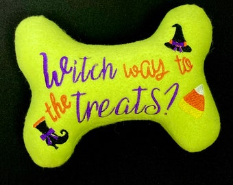 Dog Puppy  Stuffed Bone Toy, "Witch Way to the Treats"  Dog Toy, Halloween Dog Toy, Dog Toy, Puppy toy, Gift for dogs, Dog Lovers gift