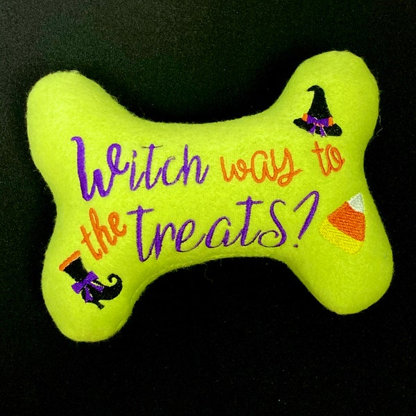 Dog Puppy  Stuffed Bone Toy, "Witch Way to the Treats"  Dog Toy, Halloween Dog Toy, Dog Toy, Puppy toy, Gift for dogs, Dog Lovers gift