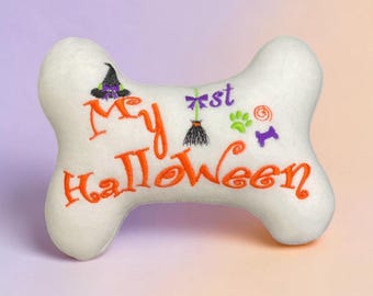 My First Halloween Stuffed Dog Bone Toy, Embroidered Puppy Gift