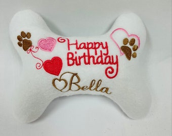Embroidered "Happy Birthday" Dog Bone Toy – Fleece Puppy Gift