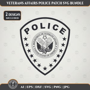 May include: A black and white digital graphic of a shield-shaped police patch featuring the text POLICE at the top and the Department of Veterans Affairs United States of America seal in the center, surrounded by a border of twelve black stars.