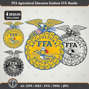 May include: A digital graphic bundle featuring four variations of the FFA Agricultural Education emblem. Each design displays an eagle, an owl, a plow, and a rising sun with the text FFA Agricultural Education included in the circular border.