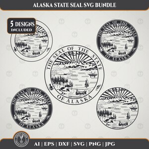 May include: A digital bundle featuring five black and white circular designs of the Alaska State Seal. Each graphic depicts mountains, a sunburst, ships, trees, and a farmer with horses. The text reads THE SEAL OF THE STATE OF ALASKA.