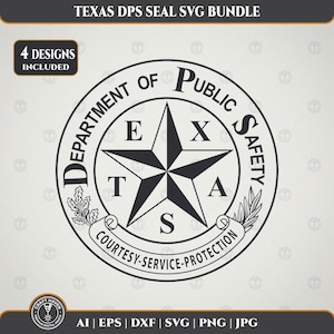 May include: A black and white digital graphic of the Texas Department of Public Safety seal featuring a central five-pointed star with the letters E, X, T, A, S arranged around it, surrounded by text and a banner reading COURTESY-SERVICE-PROTECTION.