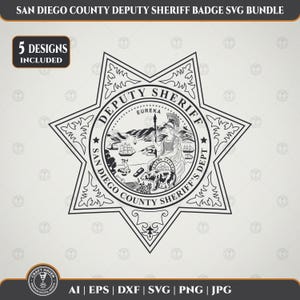 May include: A black and white graphic of a six-pointed star-shaped San Diego County Deputy Sheriff badge. The center features the California state seal with the text EUREKA, a bear, and a figure. The text reads SAN DIEGO COUNTY SHERIFF'S DEPT.