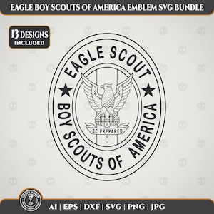 May include: Black and white Eagle Scout emblem design. The emblem features an eagle with outstretched wings, surrounded by text that reads "EAGLE SCOUT" and "BOY SCOUTS OF AMERICA". The words "BE PREPARED" are also included.
