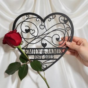 Personalized Couple Heart Sign, Custom Names Est Date Metal Wall Art, Scroll Heart Decor, Wedding Anniversary Gift, Love Sign
