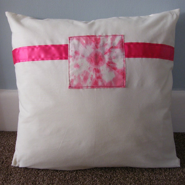 Pink and cream cushion cover,pillow sham,throw pillow with pink shibori patchwork piece and ribbon detailing. 20 x 20in with zipped closure.