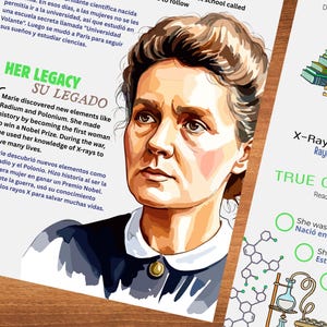 May include: An illustrated portrait of Marie Curie, accompanied by text in English and Spanish detailing her scientific achievements. The image includes information about her discovery of elements and use of X-rays. The background is wood.