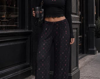 Goth Coquette Pajama Pants • Dark Romance Bow Skull Lounge Pants • Black Aesthetic Sleepwear • Soft Gothic Streetwear