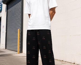 Cherry Pajama Pants Men • Streetwear Lounge Pants • Dark Aesthetic Sleepwear • Minimal Y2K Trousers • Black Cherry Print Pants