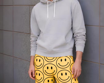 Calça de pijama masculina com carinha sorridente • Calça de moletom amarela divertida com estampa alegre, confortável e relaxante para usar em casa