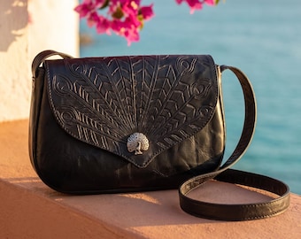 Hand-Tooled Black Leather Peacock Crossbody Bag, 925 Sterling Silver Clasp, Mexican Artisan Purse