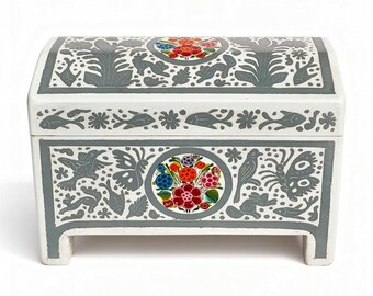 Baúl de recuerdos de madera pintado a mano – Gran caja de recuerdos artesanal – Baúl de almacenamiento de laca mexicana – Escritorio decorativo o buzón