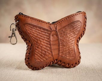 Monedero de cuero hecho a mano con forma de mariposa / Cartera llavero artesanal / Monedero de cuero mexicano / Monedero con cremallera y forma de mariposa / Regalo para ella