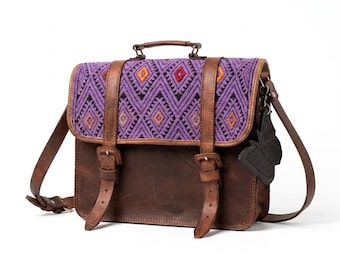 Bolso bandolera de cuero hecho a mano / Maletín bandolera de tela tejida morada (Hecho en México)