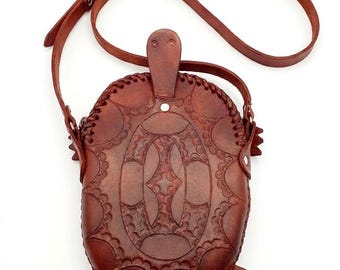 Hand-Tooled Leather Turtle Crossbody Bag, Mexican Artisan Purse, Small Phone Bag.