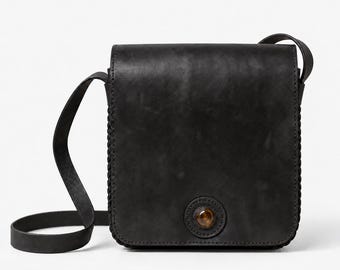 Handmade Black Leather Crossbody Bag, Chiapas Amber, 925 Sterling Silver Bezel