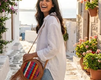 Boho Round Leather Crossbody Bag with Fringe – Handmade Woven Textile Purse – Artisan Mexican Bag – Colorful Circle Shoulder Bag – Festival