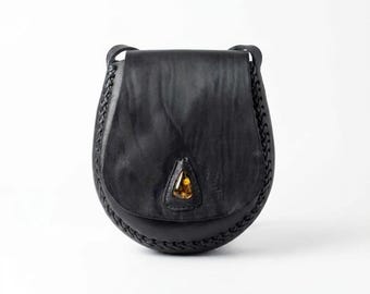Handcrafted Leather Shoulder Bag with Genuine Amber Drop | Hand-Laced & Hand-Stitched Black Crossbody Bag , Mexican Artisan Purse.