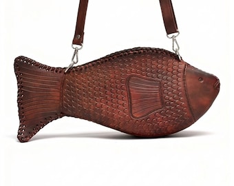 Large Hand-Tooled Leather Fish Bag, Sculptural Crossbody Purse, Mexican Artisan Leather Bag