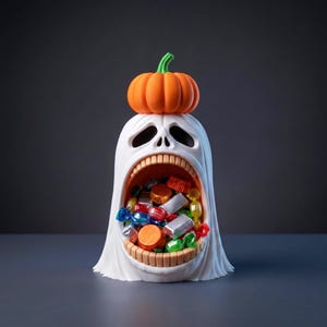 May include: A white ghost-shaped candy bowl with a large open mouth filled with assorted colorful wrapped candies. The ghost figure features a prominent orange pumpkin resting on its head, with visible teeth lining the upper and lower jaw.