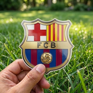Puede incluir: Una pegatina con el escudo del FC Barcelona en forma de escudo que presenta una cruz roja sobre fondo blanco, rayas verticales amarillas y rojas, y una banda central dorada con las letras FCB. La parte inferior muestra rayas azules y rojas.