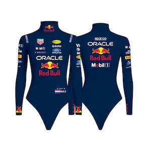 May include: Navy blue bodysuit featuring Red Bull and Oracle logos, with sponsor branding. The long-sleeved garment includes the text "MAX" and a Dutch flag graphic. The design is visible on both the front and back of the bodysuit.