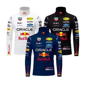 May include: Three long-sleeved turtleneck shirts in white, black, and navy blue. Each shirt features sponsor logos, the Red Bull logo, and the word "ORACLE". The sleeves have the Red Bull logo and the word "Red Bull".