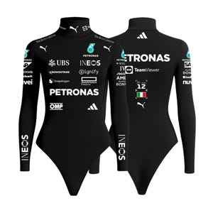 May include: Black bodysuit with long sleeves and a mock turtleneck. The bodysuit features multiple sponsor logos and the word "PETRONAS" in white. The back of the bodysuit also displays sponsor logos and the number "12".