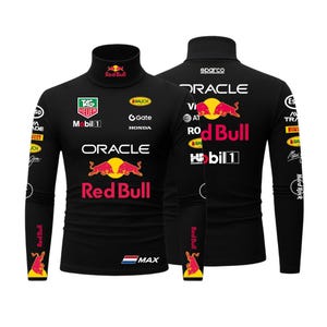 May include: Black long-sleeve turtleneck shirt with multiple logos and text. The front features "TAG Heuer", "Oracle", and "Red Bull" branding. The back displays "Sparco", "Oracle", and "Red Bull" logos. The sleeves have additional logos and text.
