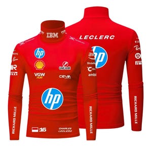 May include: Red long-sleeved turtleneck shirt featuring multiple sponsor logos, including HP, Shell, and Unicredit. The shirt has "CHARLES LECLERC" and the number "16" printed on it. The sleeves have "RICHARD MILLE" printed on them.
