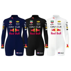 May include: Three racing jumpsuits in navy blue, black, and white. Each jumpsuit features the Red Bull logo, sponsor logos, and the word "MAX" at the bottom. The jumpsuits have long sleeves and a high collar.