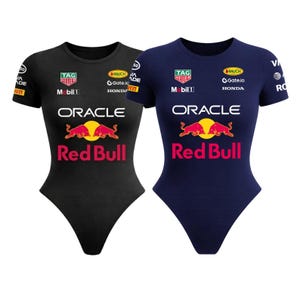May include: Two bodysuits, one black and one navy blue, featuring the Red Bull Racing logo. The bodysuits have short sleeves and the Oracle and Red Bull logos are prominently displayed on the front. Additional sponsor logos are also visible.