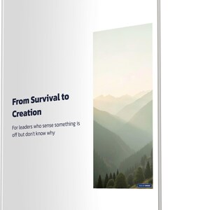 Op de afbeelding: Boekomslag met de titel "From Survival to Creation" in donkerblauwe tekst. De omslag toont een landschapsafbeelding van gelaagde bergen in tinten groen en grijs. De tekst "For leaders who sense something is off but don't know why" is ook opgenomen.