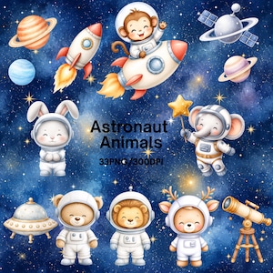 May include: A digital illustration set featuring cartoon animals in white astronaut suits against a dark blue starry space background. Includes a monkey in a rocket, a rabbit, an elephant holding a star, a bear, a lion, a deer, planets, and a telescope.